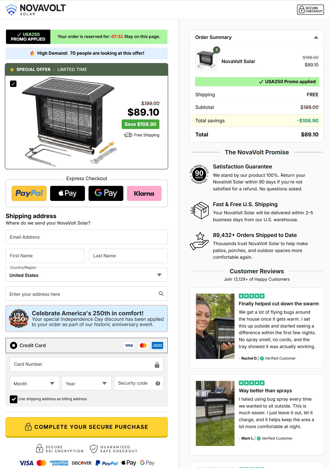 Novavolt secure checkout page